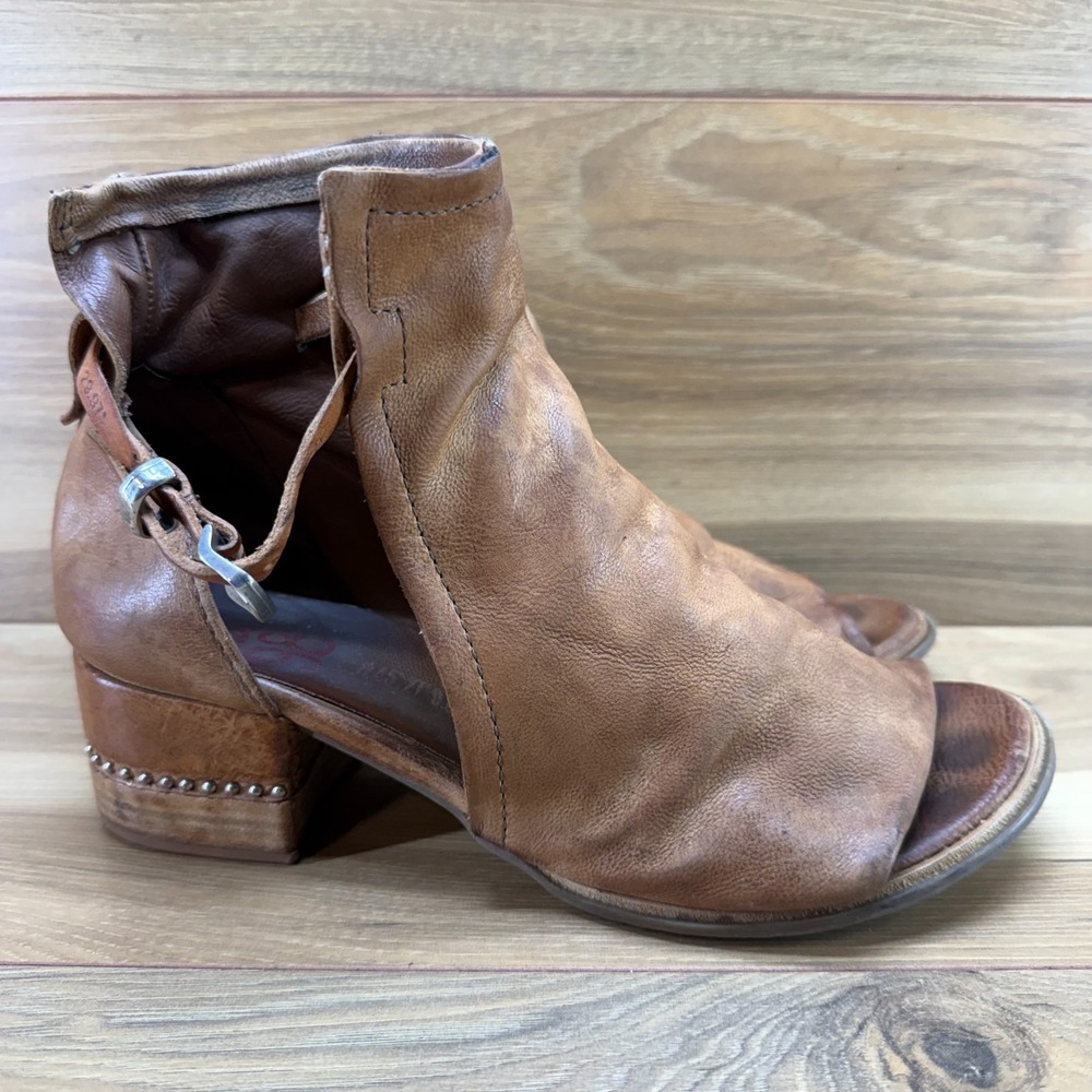 AS 98 Morgan Sandal Cognac Bootie 10 10.5 EU 41 Leather Stacked Heel Open Toe